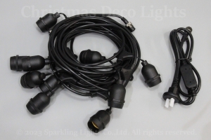 E26ソケット付ケーブル(スズランコード)、LED電球用、10ソケット、ピッチ1m、長さ約10m、0.75sq × 2、黒コード、2Aヒューズ入りパワーコード付
