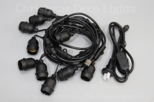 E26ソケット付ケーブル(スズランコード)、LED電球用、10ソケット、ピッチ50cm、長さ約5m、0.75sq × 2、黒コード、2Aヒューズ入りパワーコード付