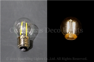 フィラメント型LEDクリア電球、E26、G45型、調光可能、2W、電球色(約3000K)、1球