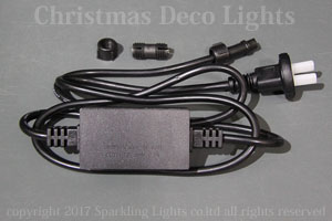10mm2芯、LEDロープ(チューブ)ライト用電源コード、1.5m、3ヒューズ入り(1.2A)、脱着可能タイプ