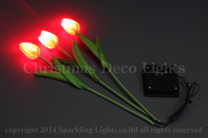 ソーラー充電式LEDチューリップ、3本セット、レッド